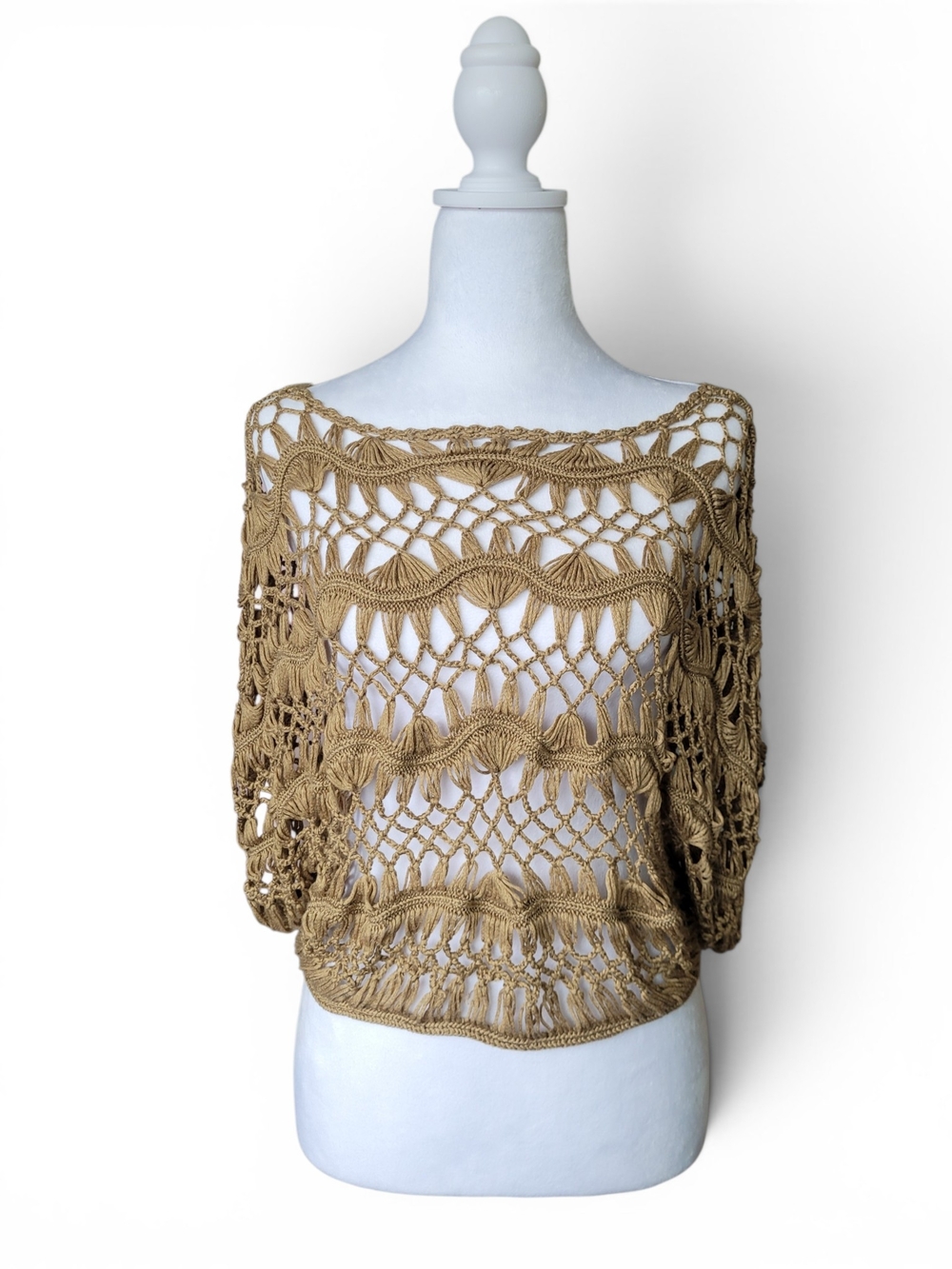 Crochet Top For Layering Tan Cottagcore Boho Handmade Open-Knit Large